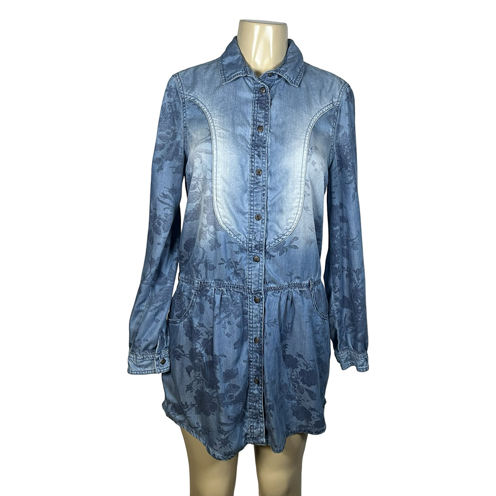 AEO Shirt Dress Medium Blue Floral‎ Lyocell Denim Long Sleeve Button Front